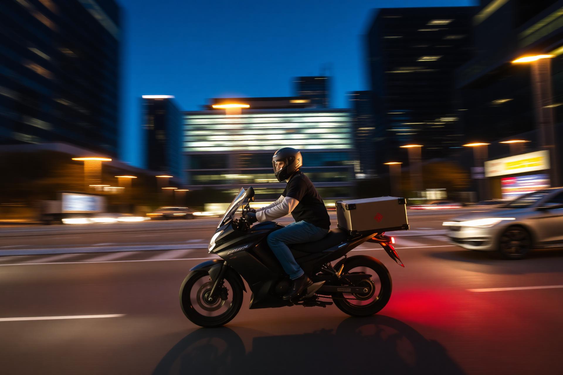Repartidor YERO Delivery en la ciudad al anochecer